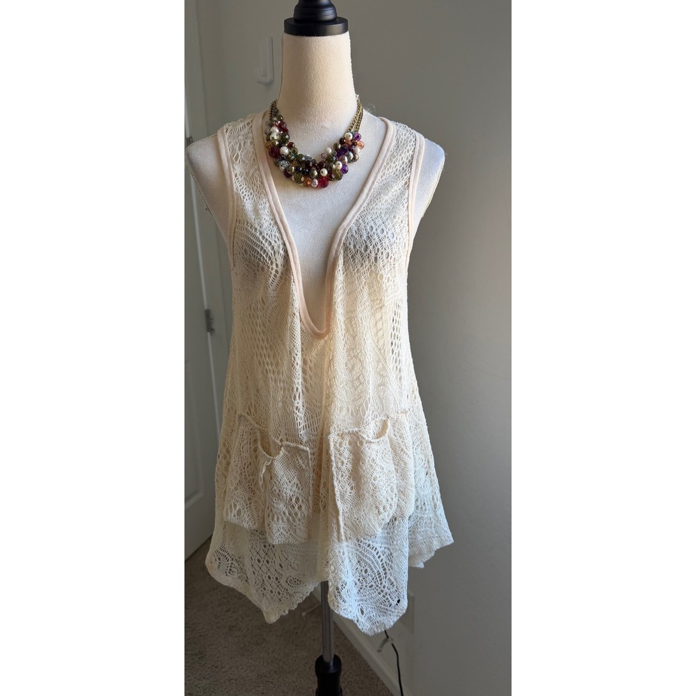 Lily by Firmiana XL Cream Lace Crochet Boho Sleeveless Tunic Tank Coverup‎
